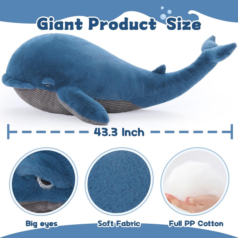 Tezituor 43.3 inch Giant Whale Stuffed Animal, Large Realistic Blue