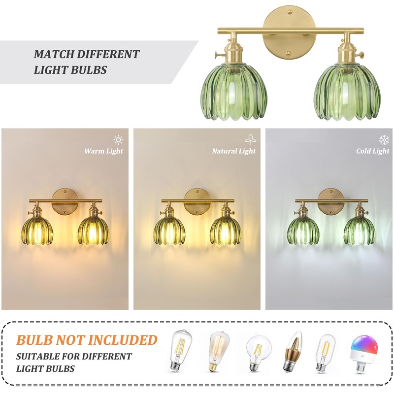 Shenmoyl Bathroom Light Fixtures, 2-Light Brass Vanity Wall Light Over