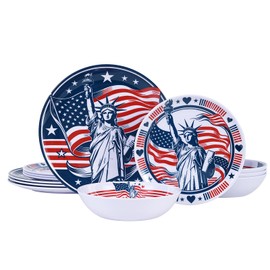Webbylee 12 Piece Melamine Dinnerware Set,Unbreakable Plates and Bowls with Statue of Liberty&American Flag Pattern,Lightweight Outdoor Dishes for RV Camping Picnic,4th of July Independence Day Decor