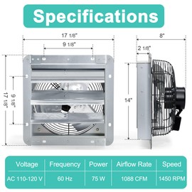 Hipoilk 14 Inch Shutter Exhaust Fan, High Power Wall Mount Attic Fan with Thermostat and Speed Controller for Greenhouses, Sheds, Garages, Chicken Coops, Barns Ventilation, 1088 CFM