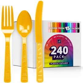 DecorRack 240 Piece Plastic Cutlery Set -BPA Free- Plastic Silverware Combo Utensils for Birthdays, Indoor, Outdoor Events, Parties, Yellow (Set of 240)