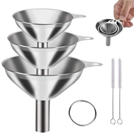 Kitchen Funnel - Pack of 3 Stainless Steel Funnel with Handle & Cleaning Brush, Stackable Funnel Small for Jam, Oil, Powder & Liquids, Robust & Dishwasher Safe for Household and Camping