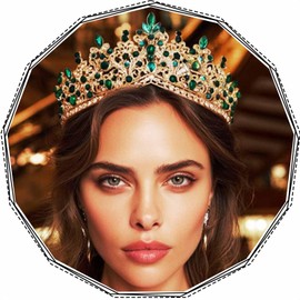 YBSHIN Light Up Rhinestone Gold Wedding Queen Crowns, Medieval Quinceanera Crystal Tiaras, Sparkly Pageant Headpiece for Women (Green)