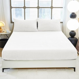 HCORA Fleece Fitted Sheet Queen Size - Super Soft Fuzzy Fitted Sheet with 16" Deep Pocket - Plush Velvet Bottom Sheet Fleece Fitted Sheet for Winter, No Shedding, Fitted Sheet Only, White