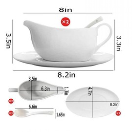 Qlans Gravy Boat With Ladle and Saucer 17 Oz,Ceramic Sauce Boat with Tray for Salad Dressings Milk,Warming Sauces,Creamer,Broth,Black Pepper,White (2 PCS New Gravy Boat With Ladle and Saucer)