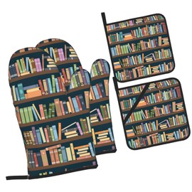 Cartoon Bookshelf Bookworm Heat Resistant and Heat-Insulating Gloves, fit for Cooking, Baking, Grilling, and Microwave