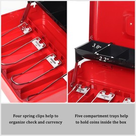 Jssmst Large Locking Cash Box with Money Tray, Lock Box with Security Cable Metal Money Box with Key Lock, Red