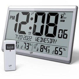 LFF Atomic Clock/Never Needs Setting, Digital Wall Clock with Indoor Outdoor Temperature & Humidity, Battery Operated, Wireless Outdoor Sensor, Atomic Wall Clock with 4.5" Numbers Easy-to-Read