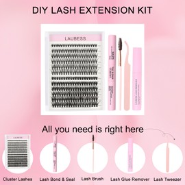 Lash Extension Kit LAUBESS Lash Clusters Kit Cluster Eyelash Extensions Kit Eyelash Clusters Lash Bond and Seal Waterproof Tweezers Brush Lash Glue Remover (Kit 30D/40D-D-Mix9-16)