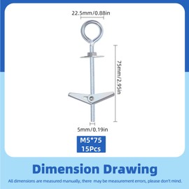 Glarks 15pcs M5 O-Shaped Eye Bolt Toggle Anchors Set for Drywall, Toggle Bolts, Butterfly Anchors, Spring Toggle Wing Bolts for Ceiling, Sheetrock, Hollow Wall