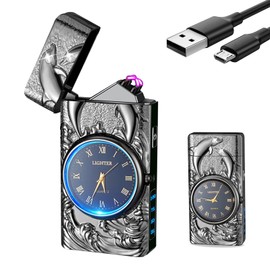 YOZWOO Dolphin Lighter Electric Candle Lighters USB Rechargeable Lighter Dual Arc Plasma Lighter Clock Design with LED Lighting for Outdoor BBQ, Fireworks, Camping (Black)