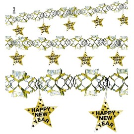 W WIDMANN MILANO Party Fashion 7901L - Girlande Happy New Year, Länge 3 Meter, Gold-Silber, holografische Folie, Sterne, Silvester, Neujahr, Party