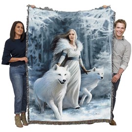 Pure Country Weavers Winter Guardians White Wolves Woven Blanket by Anne Stokes - FAE Fairies Fantasy Gift Cotton Tapestry Throw - Made in The USA - 72" x 54"