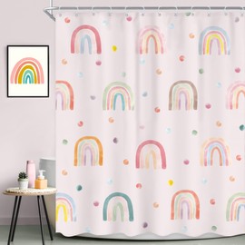Ufeela Girls Rainbow Shower Curtain 60Wx72L Inch Kids Boho Pink Polka Dots Cartoon Cute Watercolor Aesthetic Colorful Shower Curtain Bathroom Set Pretty Bath Curtain Bathtub Accessories Home Decor