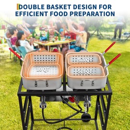 Propane Deep Fryer, 18QT Aluminum Double Fryer with 3 Baskets & Cast Iron Burner, Ideal for Outdoor Cooking, Wings, Fries & Fish, Propane Deep Fryer 58,000 BTU, Black