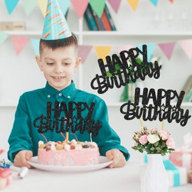 Birthday Centerpiece Sticks 12PCS Black Glitter Birthday Party Table Toppers Happy Birthday Sign Decorations Centerpieces for Anniversary Party Supplies