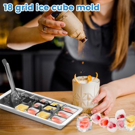 304 Stainless Steel Ice Cube Tray with Spoon and Easy Release Handle 18 Slot Ice Cube Maker Mold Dishwasher Safe(Silver)