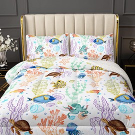 XYNHML Turtle Sherpa Fleece Comforter Set Full Ocean Watercolor Sea Turtle Fluffy Sherpa Bedding Set Tropical Fish Marine Life Bed Set with 2 Pillowcases for Kids Room Decor