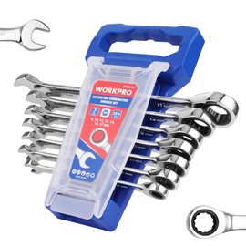 WORKPRO Ratcheting Wrench Set, Metric, 7-piece Ratcheting Combination Wrench Set, 8mm, 10mm, 11mm, 12mm, 13mm, 14mm, 17mm, 12-Point, CR-V Steel, with Organizer Rack