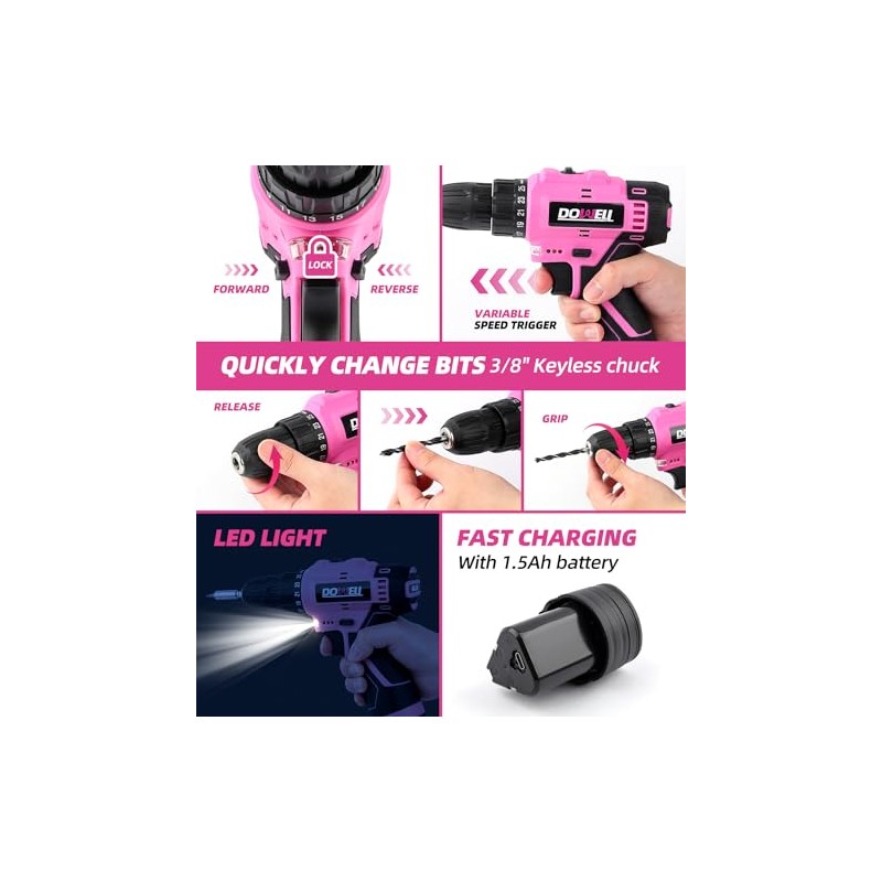 DOWELL 147 Pcs Pink 12V Drill Tool Set, Tool Kit