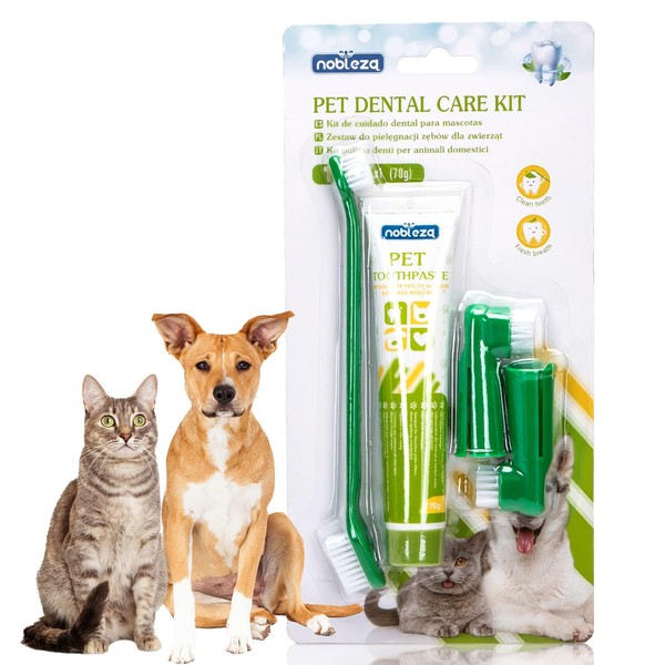 Nobleza - Toothbrush and Toothpaste Set for Dogs, Anti-Tartar Dog Toothpaste Kit for Dogs Improves Oral Hygiene Contains 1 x 73g Tubes, 1 x Double-Ended Toothbrush, 2 Finger Tartar