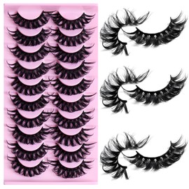 LuckForever 10 Pairs False Eyelashes Russian Strips Eye Lashes Wispy False Lash Fluffy Eyelash Extension Natural Look D Curly Volume Fake Eyelashes Reusable Faux Eye Eyelash for Women Girls