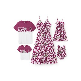 PATPAT Family Matching Hawaiian Outfits: Women V Neck Spaghetti Strap Tropical Floral Sundress - Mommy and Me Matching Dresses for Vacation Beach Luau Cruise, Red Palm Leaf, Women, Medium