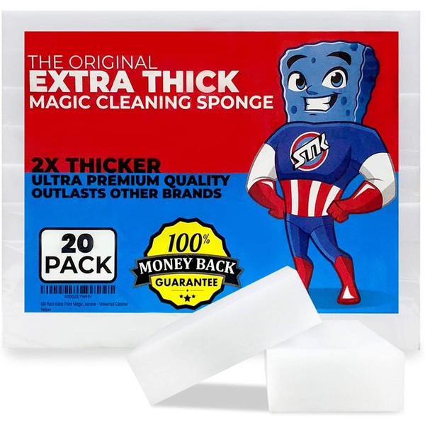 STK 20 Pack Extra Thick Magic Cleaning Pads - Eraser Sponge for All Surfaces - Kitchen-Bathroom-Furniture-Leather-Car-Steel - Just Add Water to Erase All Dirt - Melamine - Universal Cleaner