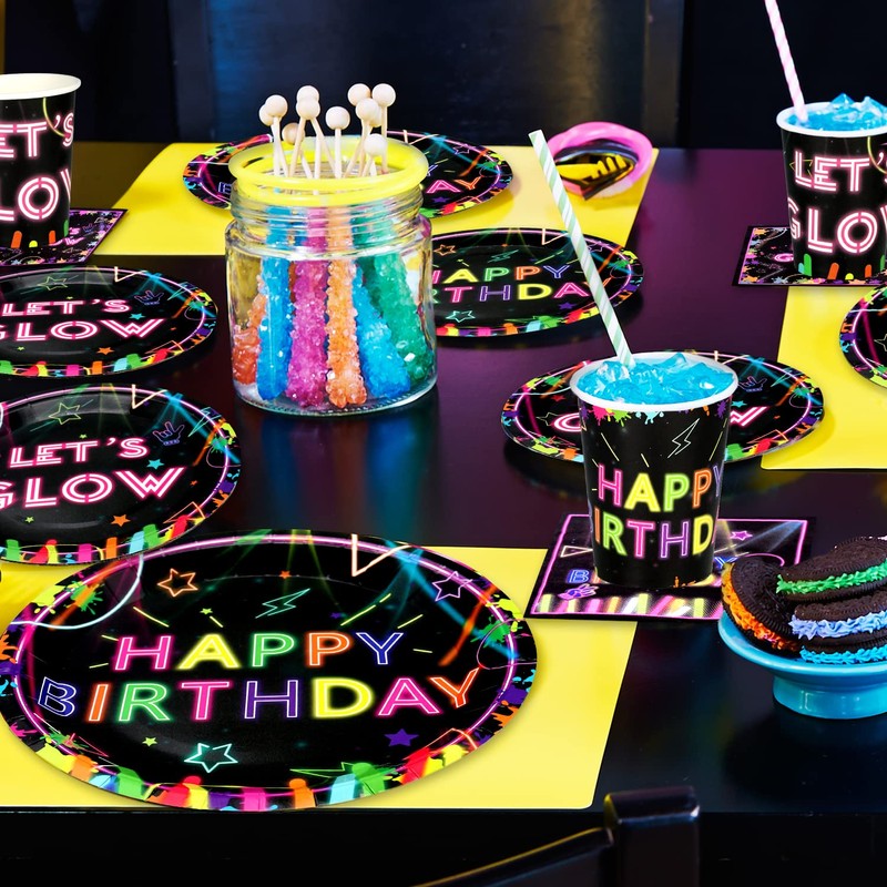 Glow Neon Party Tableware Supplies Serves 20 - Includes Plates,