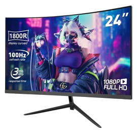 24 Inch Curved Monitor 1800R FHD 1080P, 100Hz, 3ms Response Time, HDMI/DP, Built-in 2×2W Speakers, AMD FreeSync Compatible, Eye Care, Flicker-Free, Blue Light Filter