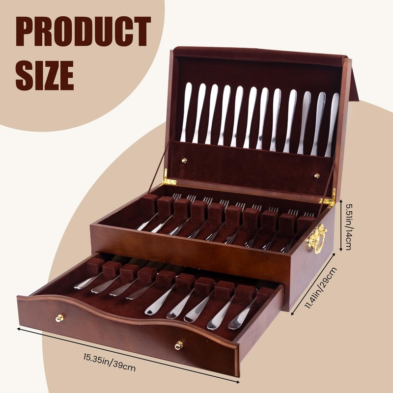 Silverware Storage Box,2 Layers Wooden Silverware Chest with Drawer,Silverware Case
