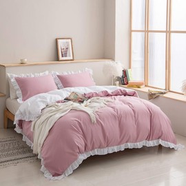 Pink Comforter Cover 135 x 200 cm for Kids, White Ruffle Bedding Set for Girls, Shabby Chic Duvet Cover, Lightweight Reversible Bedspread Cover for Adult Women, Bedroom Living Room Decor, 2 Pieces