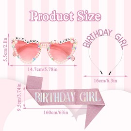 Mzario Birthday Girl Sash,Crown Headband and Happy Glasses Set for Women ，Pink Birthday Sunglasses and Sash,Glitter Happy Birthday Accessories Party Favors Set for Women Girls(Pink