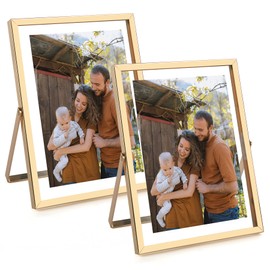 Golden State Art Golden State Art 2 Pack 6x8 Inch Metal Picture Frames for 5x7, 4x6 Floating Photos, with Real Glass and Pull-Out Easel Stand for Tabletop Display (Vertical) - Light Gold