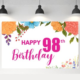 ALLUREVIE Happy 98th Birthday Decoration Backdrop Birthday Banner Floral Birthday Party Decoration Photo Background Anniversary Party Supplies - 71 x 44 Inches