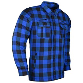 bikersgearonline Men's Biker Armored Checkered Flannel Shirt with Kevlar, Waterproof zippers & C.E. Approved Armors (Large, Blue/Black)