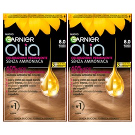 Garnier Olia Permanent Hair Colour without Ammonia, Colouring with Flower Oils of Natural Origin with Brightening and Nourishing Effect, Colour 8.0, Light Blonde, 2 Packs