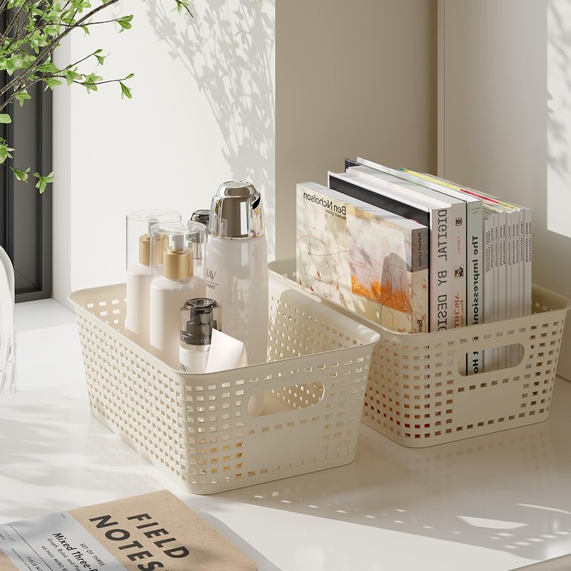 Resze 6 Pack Plastic Storage Baskets with Lids, Breathable Stackable
