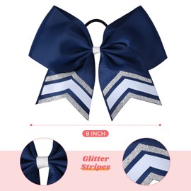 DEEKA 8PCS Large Glitter Cheer Bows Shiny 7" Cheer Hair Bows Ponytail Holder Handmade for Cheerleader Girls Softball Sports -Navy/g Silver
