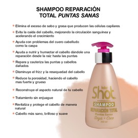 shampoo reparación total soya y coco, hidratante para puntas abiertas, cabello reseco, dañado, teñido o decolorado. hidratación, salud y vitalidad para tu cabello.