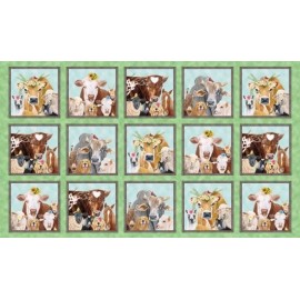 Elizabeth Studios 24" X 44" Panel Happy Farm Animals Cows Sheep Goats Green Cotton Fabric D363.45