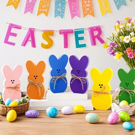 6 Pcs 4.6" Wooden Easter Bunny Decor Set - Hand-Painted Spring Bunny Figurines with Jute Bows, Vibrant Tabletop Decor for Home, Tiered Trays & Easter Gifts