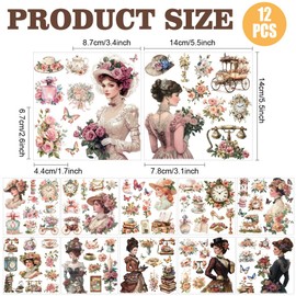 AHANDMAKER 12 Sheets Victorian Lady Rub on Transfer Stickers, Vintage Lady Floral Rub on Transfers, Court Bouquet Rub on Decals Tea Party Sticker for Crafts Drawer Cabinet Dresser Home Decor, 5.5x5.5