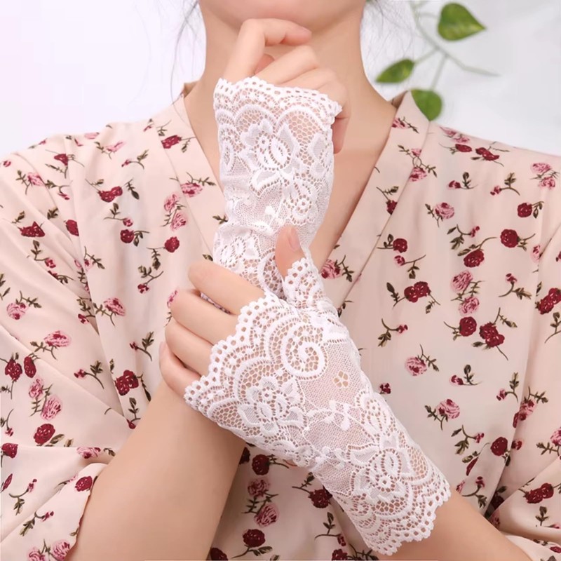 Tidyworm Women's Lace Gloves, Fingerless, UV Protection, Summer, Stylish, Floral