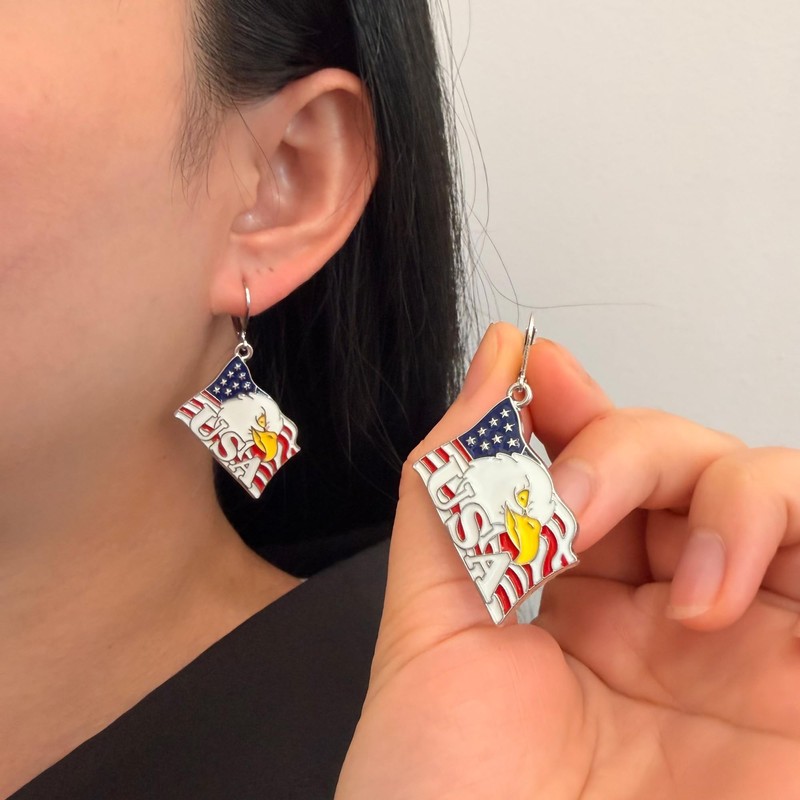 Bald Eagle with American Flag USA Patriotic Earrings for July