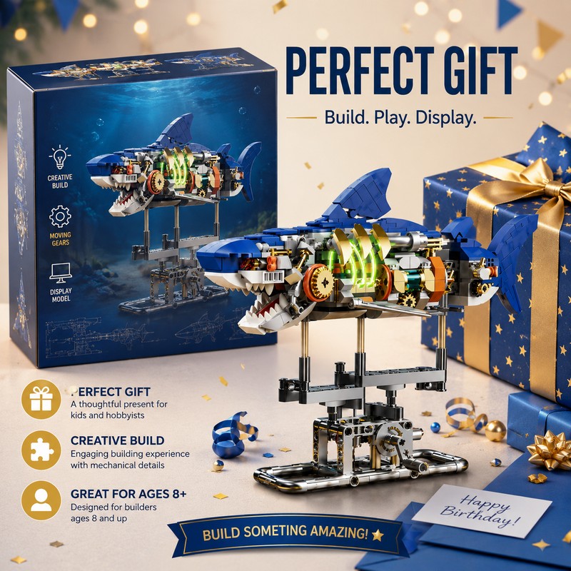 Mechanical Shark Building Set for Creative Play – 687-Piece Light-Up
