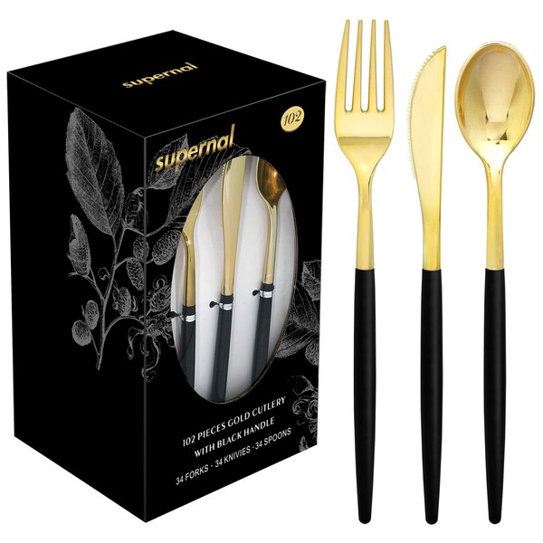 Supernal 102pcs Gold Plastic Siverware, Gold Plastic Cutlery with Black Handle，Gold Plastic Flatware，Gold Forks and Spoons，34 Knives，34 Forks，34 Spoons，Great for Wedding, Party and Birthday,
