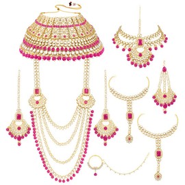 Aheli Gold Plated Rani Pink Pearl Kundan Studded Choker Necklace Earrings Maang Tikka Passa Haathphool Nathiya Bridal Jewellery Set for Women