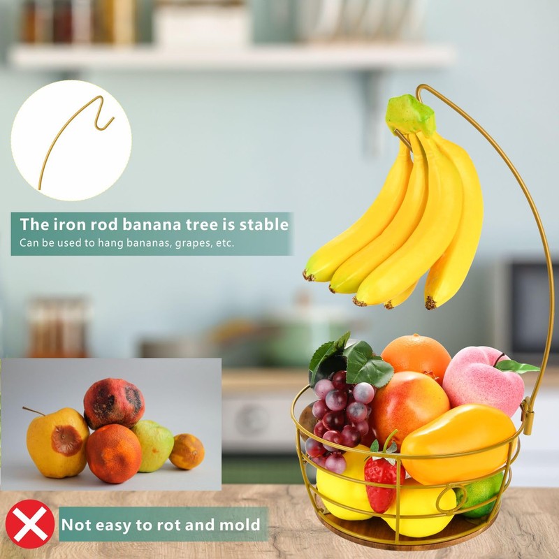 DIYZON Countertop Fruit Basket Bowl with Banana Hanger, Modern Standing