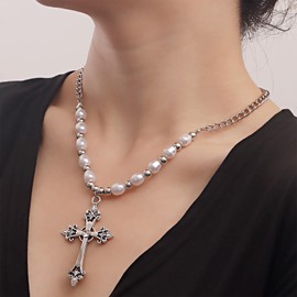 Erimberate Gothic Cz Cross Pendant Necklace Punk Pearl Choker Necklace Religion Large Cross Necklace Choker Silver Curb Chain Necklace Jewelry for Women and Girls